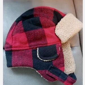 Flannel And Faux Wool Winter Hat. W Ear Flaps And Adjustable
